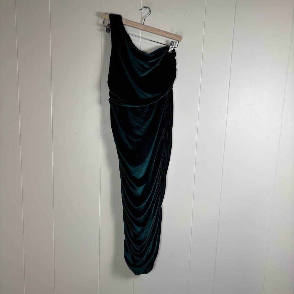 Club L London Velvet One Shoulder Ruched Midi Dress Emerald Green Size 10